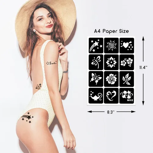 Vista 6 de 16 hojas de plantillas de tatuaje de henna reutilizables para mujeres, niñas y niños, más de 220 plantillas de tatuaje, plantilla de tatuaje
