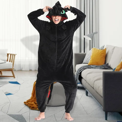 Vista 5 de Pijama sin dientes, disfraz de franela de tren de dragón de Navidad, disfraz de invierno de felpa, pijamas para cosplay, para familia, mujeres