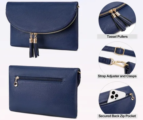 Vista 5 de Solene Bolso de mano para mujer, con múltiples compartimentos, 6 ranuras para tarjetas en el interior, bolsa cruzada con borlas