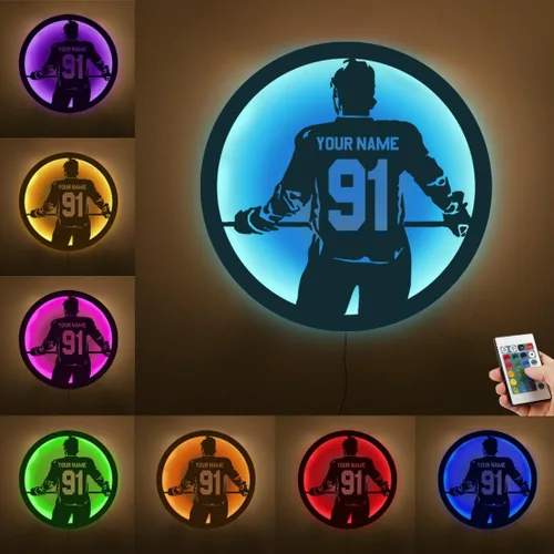 Vista 15 de Letrero de metal personalizado para jugador de hockey con luz LED, nombre personalizado y número, arte de pared de hockey, letrero de neón