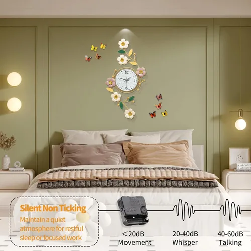Vista 9 de FLEBLE Reloj de pared grande para decoración de sala de estar, moderno reloj de pared decorativo de flores de metal 3D, silencioso, sin tictac