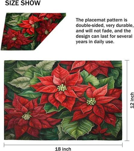 Vista 4 de Juego de 4 manteles individuales con diseño de flor de pascua de Navidad, lavables, impermeables, para decoración de mesa de comedor, 18 x 12