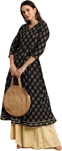Vista 4 de Janasya Kurta de algodón negro para mujer india