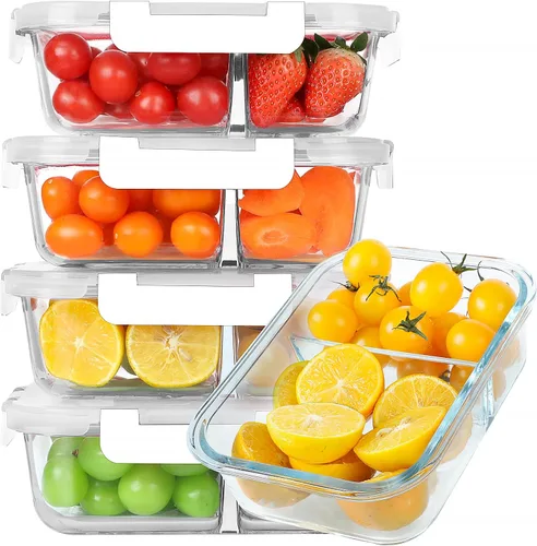 Vista 8 de Paquete de 5 recipientes de vidrio para preparación de comidas de 30 onzas, 2 compartimentos, recipientes de almacenamiento de alimentos de vidrio