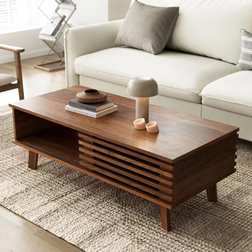 Vista 3 de Furniway Mesa de Centro Moderna de Mediados del Siglo, Mesa de Centro de Madera con Almacenamiento, Mesa de Estilo Rústico para Sala de Estar