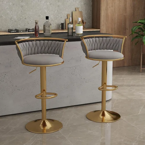 Vista 34 de Juego de 2 taburetes de bar giratorios de 360°, silla de bar de terciopelo ajustable a altura de mostrador moderna, taburete de metal plateado