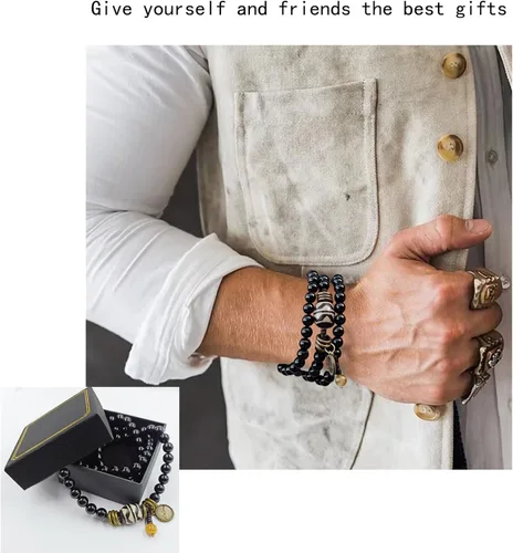 Vista 3 de Misfrss Pulsera bohemia con cuentas verdes para hombre, diseño de árbol de la vida, curación de ansiedad, joyería para hombre, joyería de piedra