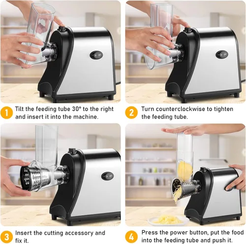 Vista 7 de Rallador eléctrico de queso, máquina de ensalada con 5 cuchillas diferentes, trituradora eléctrica de 250 W para uso en la cocina del hogar