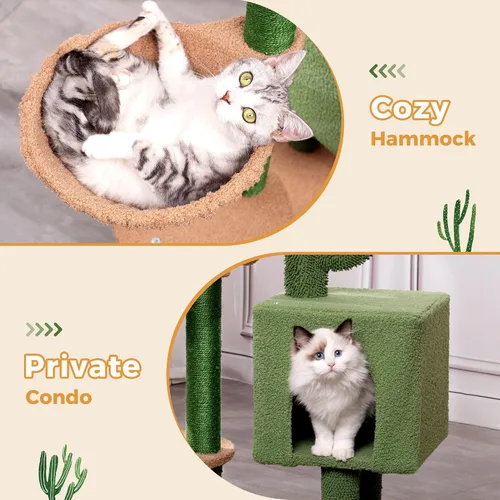 Vista 6 de Árbol de cactus para gatos, torre pequeña para gatos con poste rascador de 32 pulgadas con casa de condominio para gatos, hamaca acogedora y cama