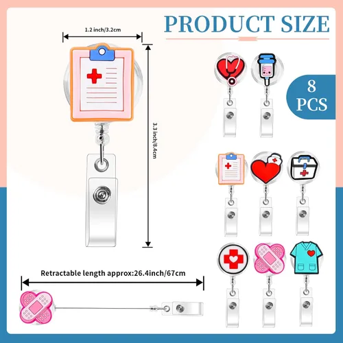 Vista 3 de Paquete de 8 carretes de insignia para enfermeras, carretes de identificación de enfermería lindos y retráctiles para enfermeras, doctores, regalos