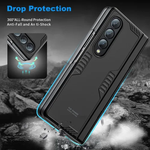 Vista 6 de Funda para Samsung Z Fold 4: [Soporte oculto] [carga inalámbrica], carcasa delgada de protección de bisagra de cuerpo completo, protector de Negro