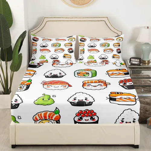 Vista 2 de Juego de ropa de cama con patrón de sushi tamaño twin, lindo juego de cama para niñas adolescentes, decoración de dormitorio, niños, estilo japonés