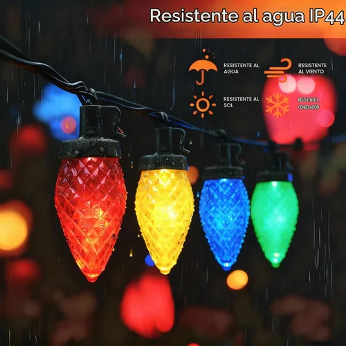 Vista 3 de Luces LED C9 de Navidad para exteriores, 33 pies, 50 LED, 8 modos de iluminación, impermeables, conectables, tira de luces de Navidad para Multi