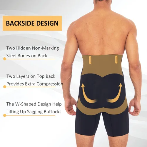 Vista 4 de Pantalones cortos moldeadores para hombre con control de abdomen, cintura alta, ropa interior adelgazante, sin costuras, faja moldeadora de cuerpo