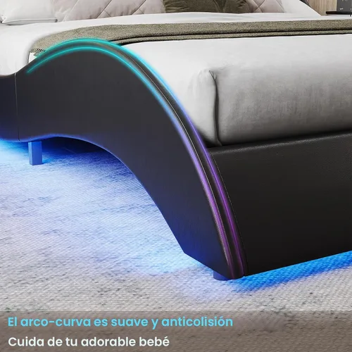 Vista 9 de DICTAC - Marco de cama Queen con luces LED y puertos de carga, cama moderna tapizada tamaño Queen con cabecera, marco de cama de plataforma