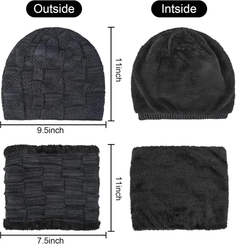 Vista 3 de Winter Beanie Hat Scarf Gloves Set 3 Pieces Mens Warm Knit Thick Slouchy Cap Neck Warmer Touchscreen Gloves Set