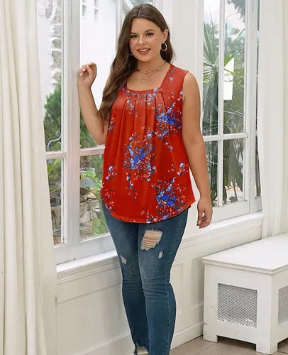 Vista 4 de AGSEEM Camisetas sin mangas de verano para mujer, ajuste holgado, plisado, cuello cuadrado, sin mangas, dobladillo curvado, fluido