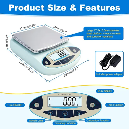 Vista 2 de Báscula de laboratorio 176.37 oz x 0.00 oz, balanza analítica digital de alta precisión, escala electrónica de precisión de 0.00 oz con pantalla LCD