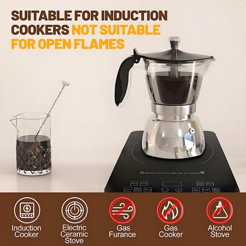 Vista 4 de Olla de plástico transparente de 6 tazas de acero inoxidable sin recubrimiento, cafetera italiana, cafetera moca greca, cafetera clásica