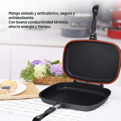 Vista 2 de Sartén para barbacoa de doble cara, sartén portátil con tapa antiadherente, herramienta de cocina, utensilios de cocina, cocina con mango