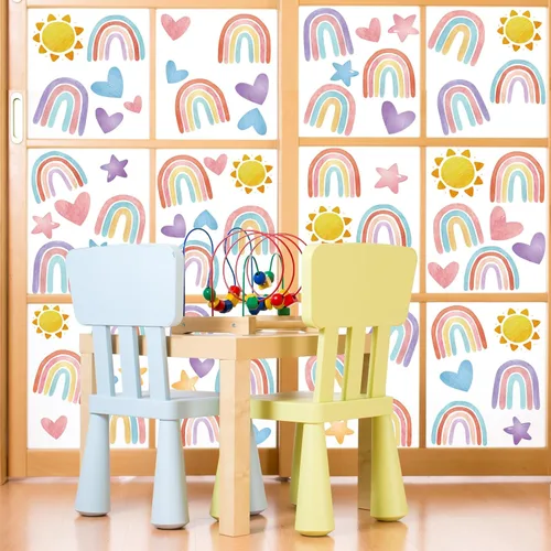 Vista 5 de AnyDesign 9 hojas de calcomanías de ventana de arco iris bohemio que se adhiere a la escuela, corazón, sol, estrella, doble cara, calcomanías
