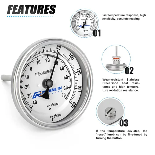 Vista 3 de MEANLIN MEASURE - Termómetro bimetálico de 1/2" NPT, esfera de 3.3", tallo de acero inoxidable de 1-7/8", precisión del 2%, montaje trasero central