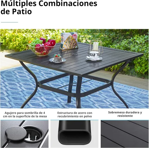 Vista 6 de MFSTUDIO Juego de comedor de patio para 4 con mesa cuadrada de metal y Marrón Grisáceo