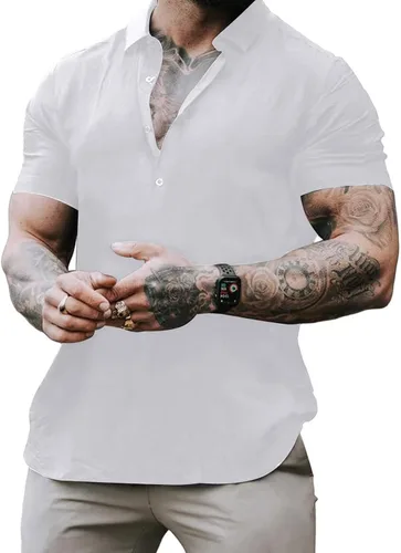 Vista 2 de Camisas de manga corta con botones para hombre, estilo casual, ajuste muscular, para el verano