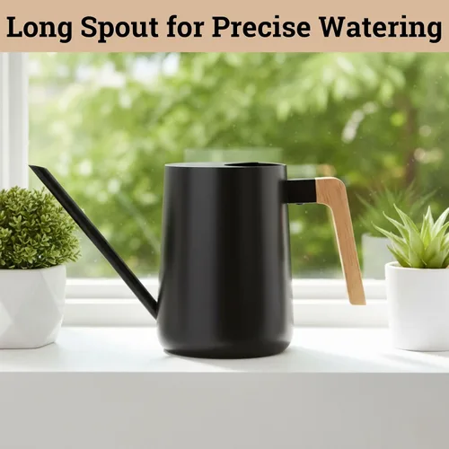 Vista 8 de Regadera pequeña de metal de 35 onzas para interior con boquilla larga y mango de madera real para plantas de casa, suculentas, cactus y plántulas
