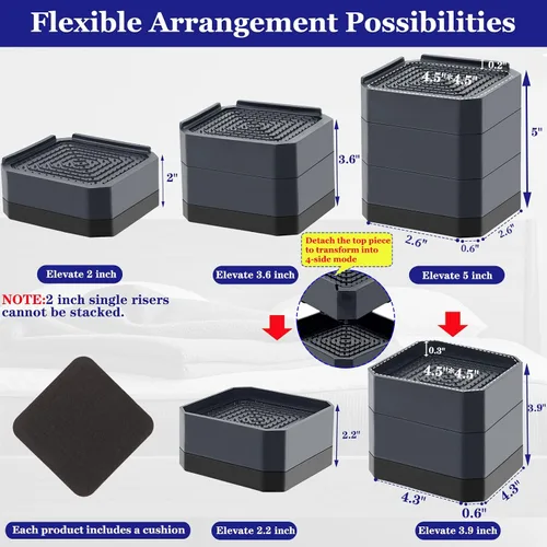 Vista 2 de Elevadores de cama de base ancha, elevadores apilables para muebles, 2, 3.6, 5 pulgadas, elevadores de sofá resistentes para silla, escritorio