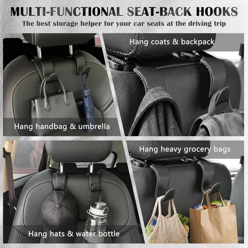 Vista 2 de Amooca - Gancho para reposacabezas de asiento de coche, organizador de almacenamiento universal para bolso de mano, abrigo, cuero con metal