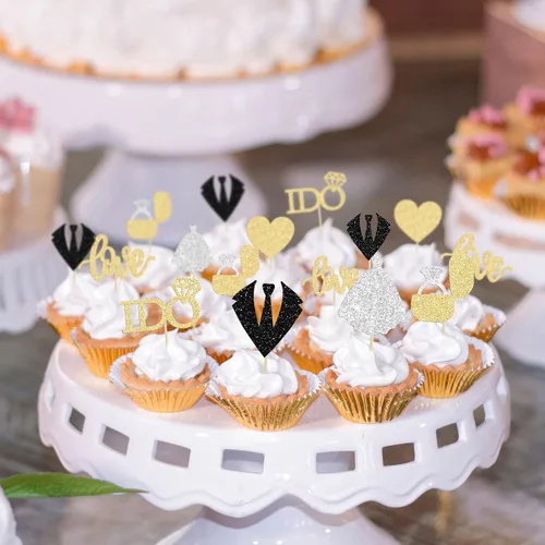 Vista 5 de 24 adornos para cupcakes de boda con texto en inglés «Love I Do» para decorar cupcakes, anillo de corazón, decoración para despedidas de soltera