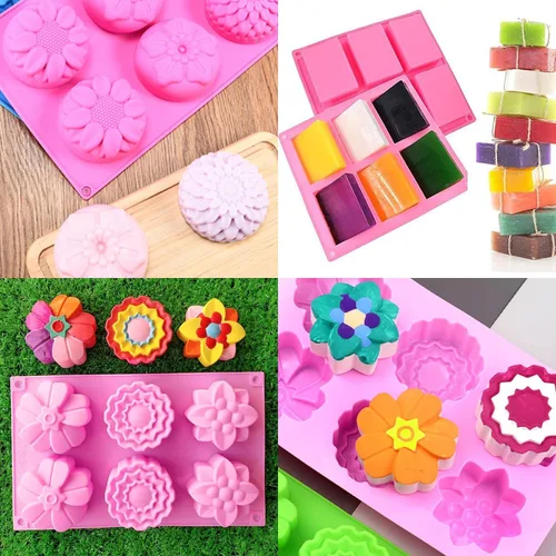 Vista 5 de Paquete de 3 moldes de silicona para jabón, molde para hacer flores de 6 cavidades, incluye suministros de forma rectangular, perfectos para jabones
