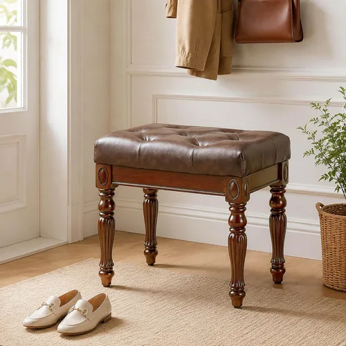Vista 10 de Taburete de tocador con asiento tapizado, banco de piano con patas talladas de madera maciza, cojín acolchado para sillas de hogar, banco de tocador