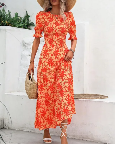 Vista 130 de BTFBM Vestidos para mujer, cuello redondo, casual, de verano, con volantes, manga corta, bohemio, con niveles, fruncido, largo, con estampado floral