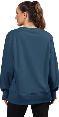 Vista 4 de Nirovien Sudadera de gran tamaño con cuello redondo para mujer, con abertura lateral, manga larga, ajuste holgado