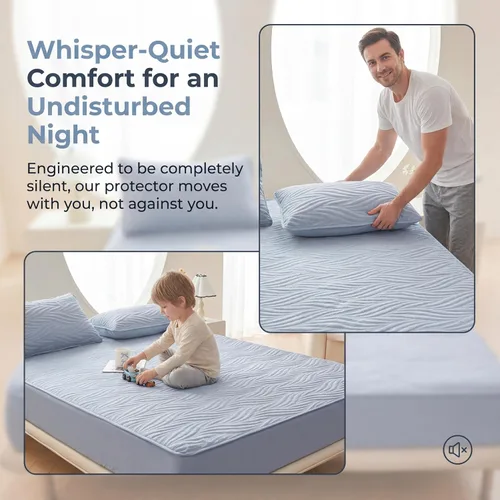 Vista 5 de Protector de colchón impermeable azul individual XL con protector de almohada, protege contra derrames de líquidos, suave, silencioso