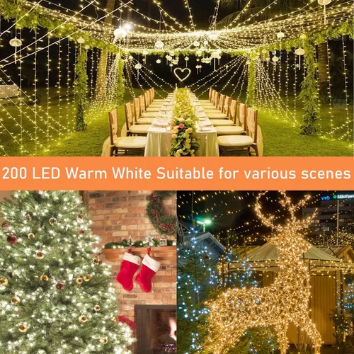 Vista 7 de Guirnalda de luces de Navidad de 66 pies y 200 luces LED para exteriores e interiores, luces decorativas extensibles e impermeables con cable