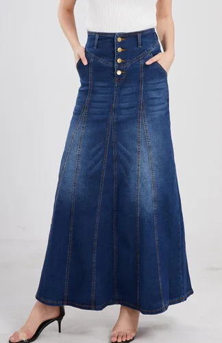 Vista 2 de CHARTOU Falda larga de mezclilla para mujer, estilo retro, con botones y vuelos a la cadera, acampanada
