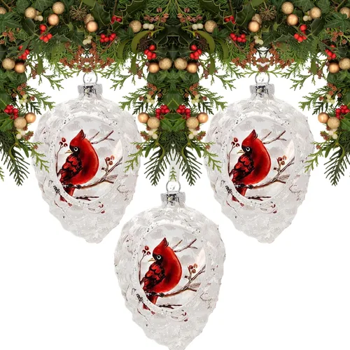 Vista 5 de Cardinals Adornos de Navidad – Juego de 3 – Adornos en forma de piña – Cardenal en una rama con bayas – 4 pulgadas de alto