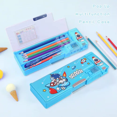 Vista 2 de 【Paquete de 2】 Estuche multifunción desplegable para niñas y niños, lindo organizador de dibujos animados con sacapuntas, horario, suministros