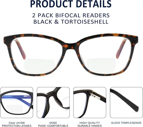 Vista 5 de Gafas de lectura bifocales para mujer, luz azul, lectores de computadora, parte superior transparente, marco de ojo de gato, elegante, moda