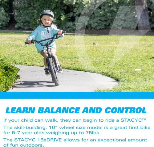 Vista 5 de STACYC Bicicleta de equilibrio eléctrica sin escobillas 16eDRIVE para niños de 5 a 7 años de edad
