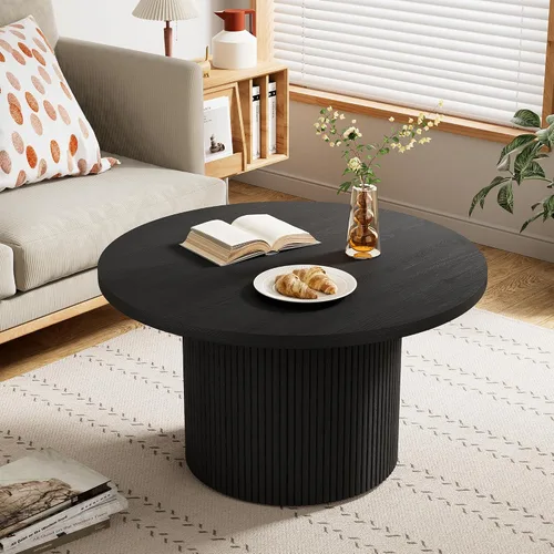 Vista 7 de Furniway Mesa de centro redonda, mesa de centro circular de 35.4 pulgadas de ancho, mesa de madera y mesa central para sala de estar, color negro