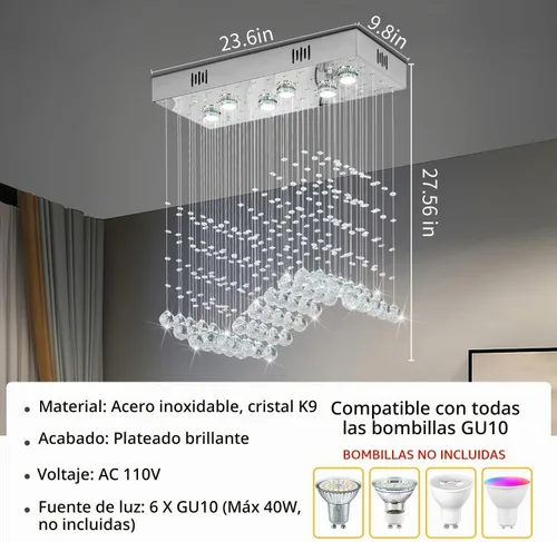 Vista 6 de Araña moderna de onda, araña rectangular de cristal con gotas de lluvia, montaje empotrado, lámpara colgante de techo cromada, ideal para comedor