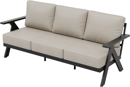 Vista 8 de Urban Anvil - Sofá de metal, sofá de patio al aire libre, marco de acero, sofá de 3 plazas para patio, terraza, negro/beige