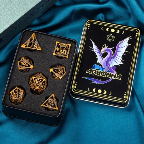 Vista 6 de ARUOHHA Juego de dados huecos de metal DND, dados D y D de oro antiguo, juegos de rol RPG, dados poliédricos con caja de regalo D20 D12 D10 D8 D6 D4