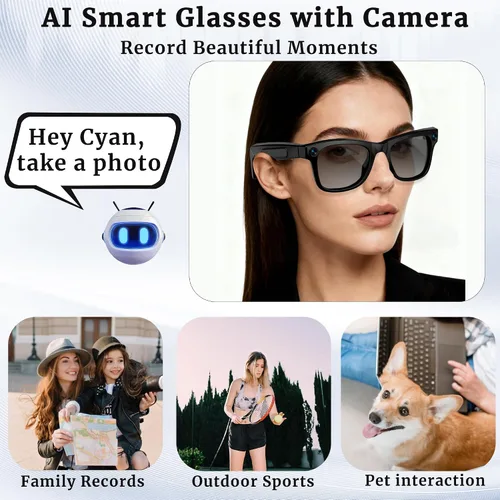 Vista 9 de Lentes inteligentes AI con asistente de voz, gafas de cámara HD de 8 MP, gafas de sol de grabación de video 1080P, reducción de ruido de chip