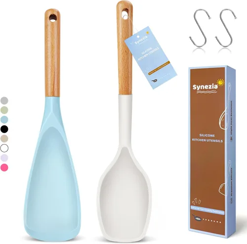 Vista 8 de Juego de cucharas de cocina de silicona grandes, 2 cucharas de servir resistentes al calor, espátula antiadherente multifunción para mezclar Berry