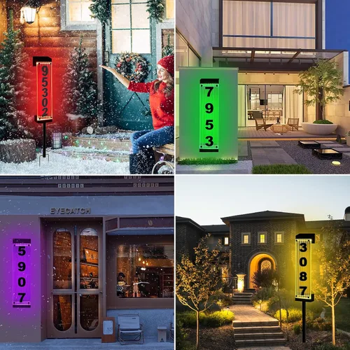Vista 3 de Número solar de casa, número de dirección solar con número acrílico 3D, estacas de hierro, luz colorida, control remoto, señal de dirección moderna